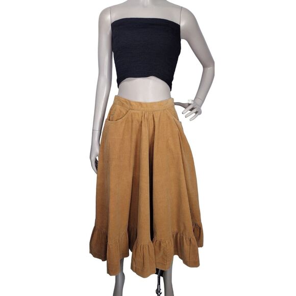Vintage 70s Corduroy High-Waist Boho Western Equestrian Full Tiered Midi Skirt - Picture 3 of 11